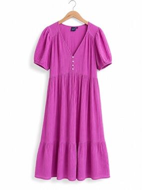 GAP Pink Cotton Gauze Puff Sleeve Tiered Midi Dress Petite